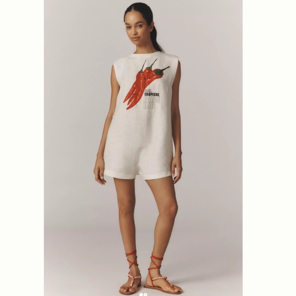 NWT Small FARM Rio White 100% Linen Sleeveless Romper with Red Chili Graphic